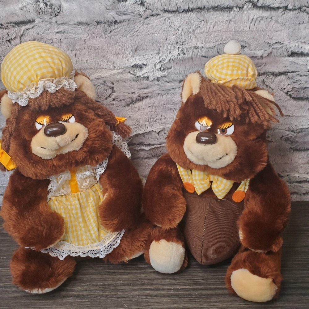 2 Vintage Bee Int'l Plush Brown Honey Bears Boy Girl Couple Yellow Gingham Check